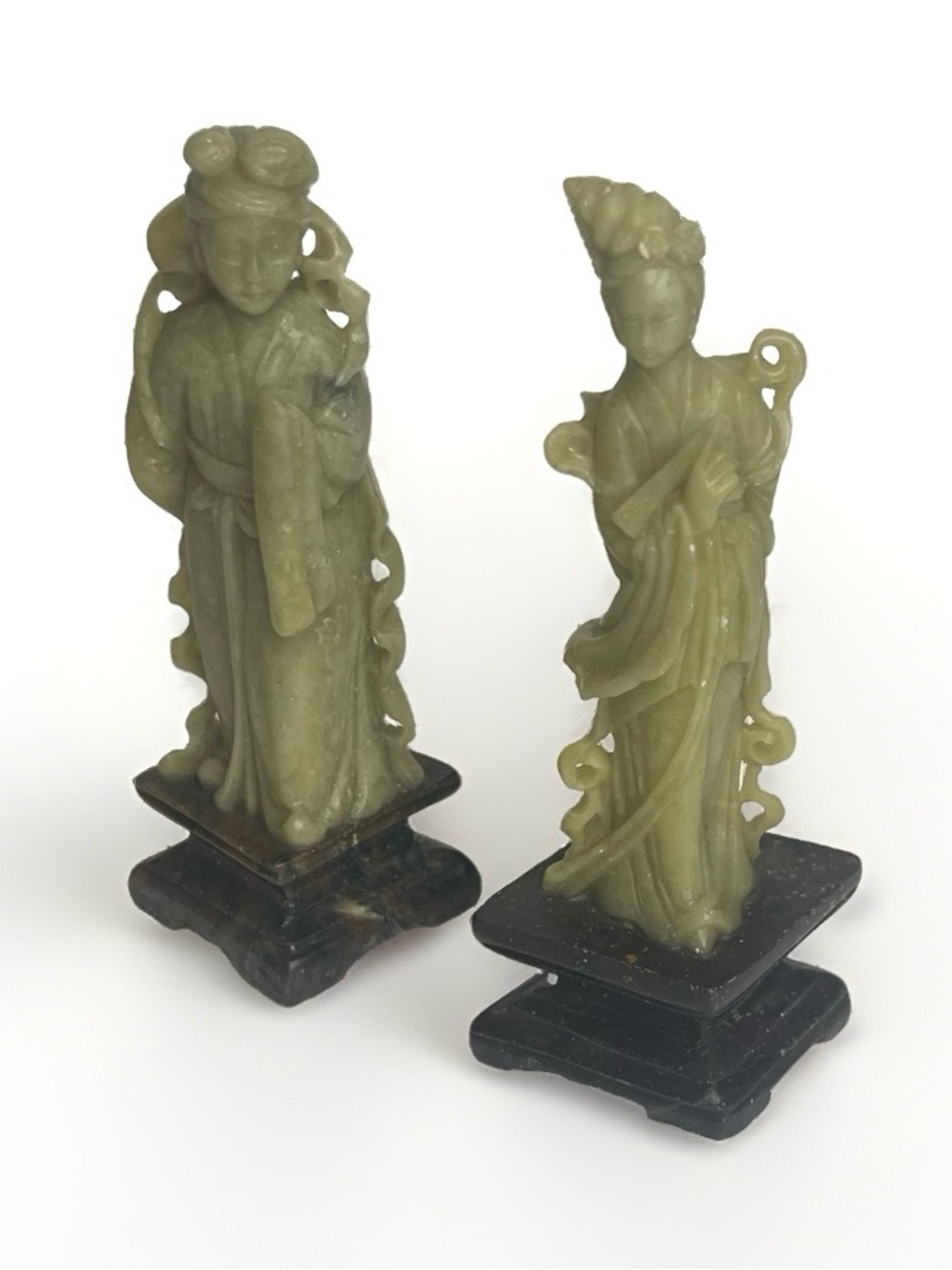 VTG Pair Chinese Carved Green Hardstone Court Lady Figurines Wood Bases 4.25”